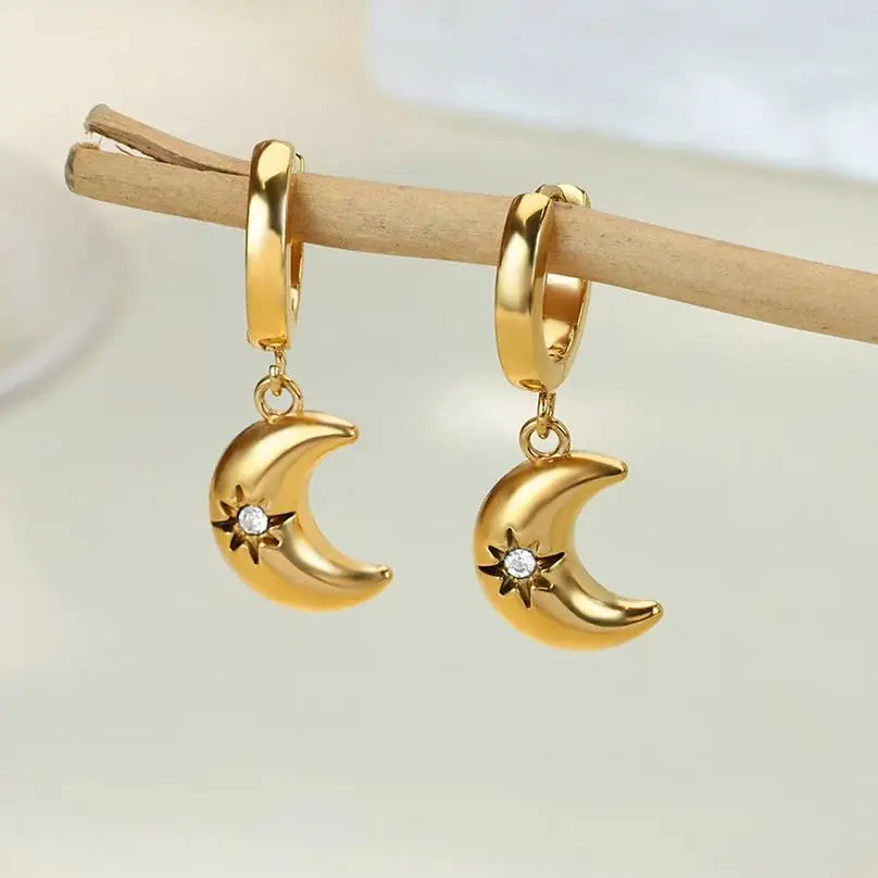 Zircon Star Moon Earrings For Women Gold Color Stainless Steel Star Moon Drop Earring Fashion Aesthetic Christmas Jewelry Gift