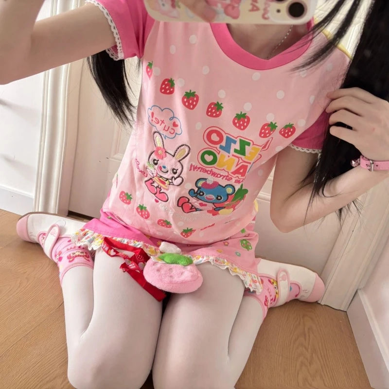 Japanese Kawaii Cartoon Print Tshirts Harajuku Contrast Patchwork Lace Fairy T-shirt Women Y2k Aesthetic Grunge Cropped Tees