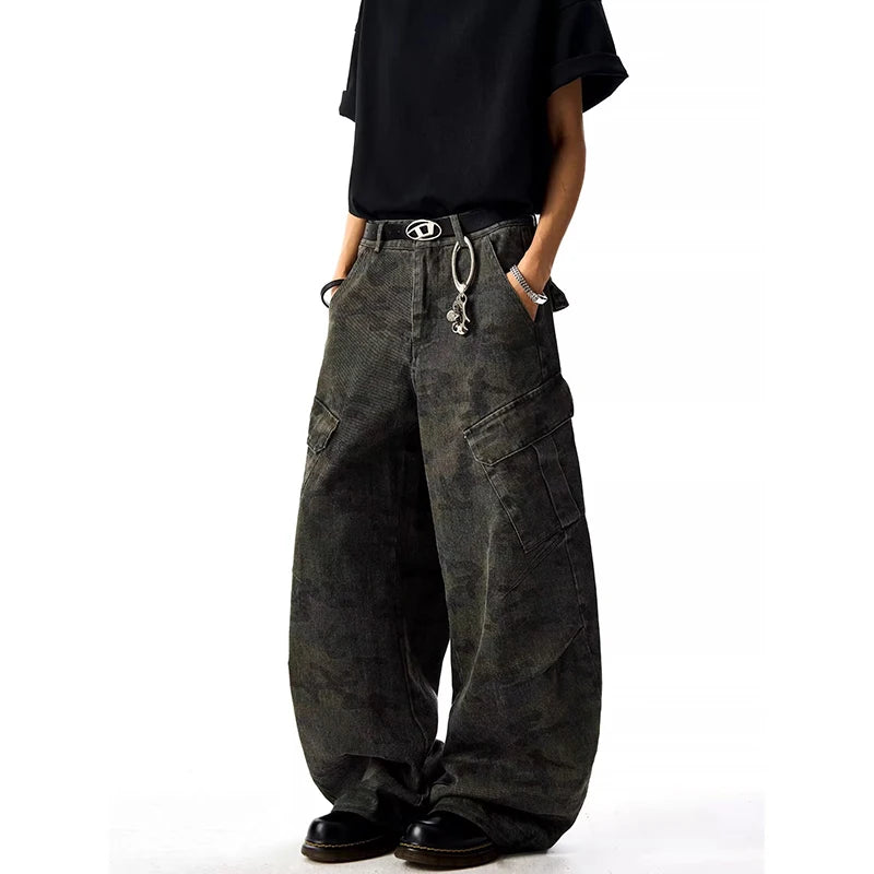 High Waist Men's Camouflage Jeans Aesthetic Vintage 2000s Streetwear Y2K Wide Leg Jeans Autumn Spliced Trouser Baggy Denim Pants