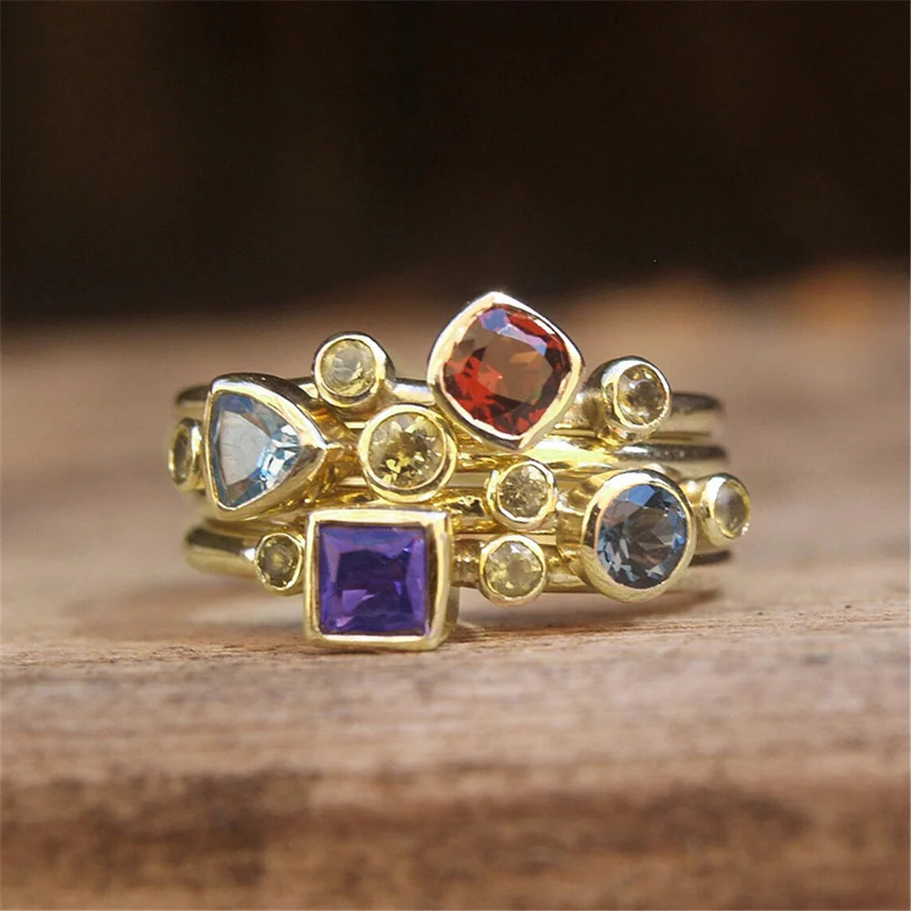Luxury Female Rainbow Zircon Stone Ring Gold Color Elegant Gift Wedding Jewelry For Women