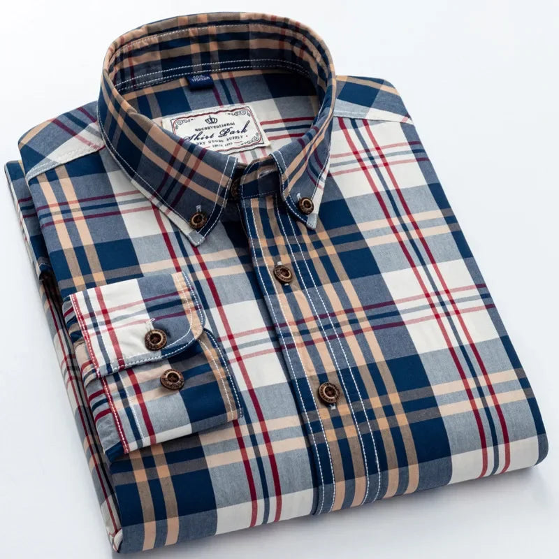Neue Herren-Langarmhemd aus reiner Baumwolle im Karomuster Frühling Ganzbaumwoll-Freizeithemd Koreanischer Stil Schlank machend Glättet Ihre Silhouette Bügelfrei