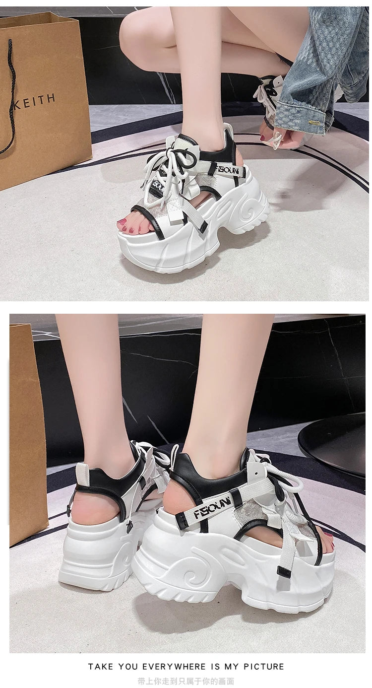 New High Platform Sandals Woman Summer Mesh Chunky Sneakers Female Wedges Slippers For Women Peep Toe Sandalia Feminina 8.5CM