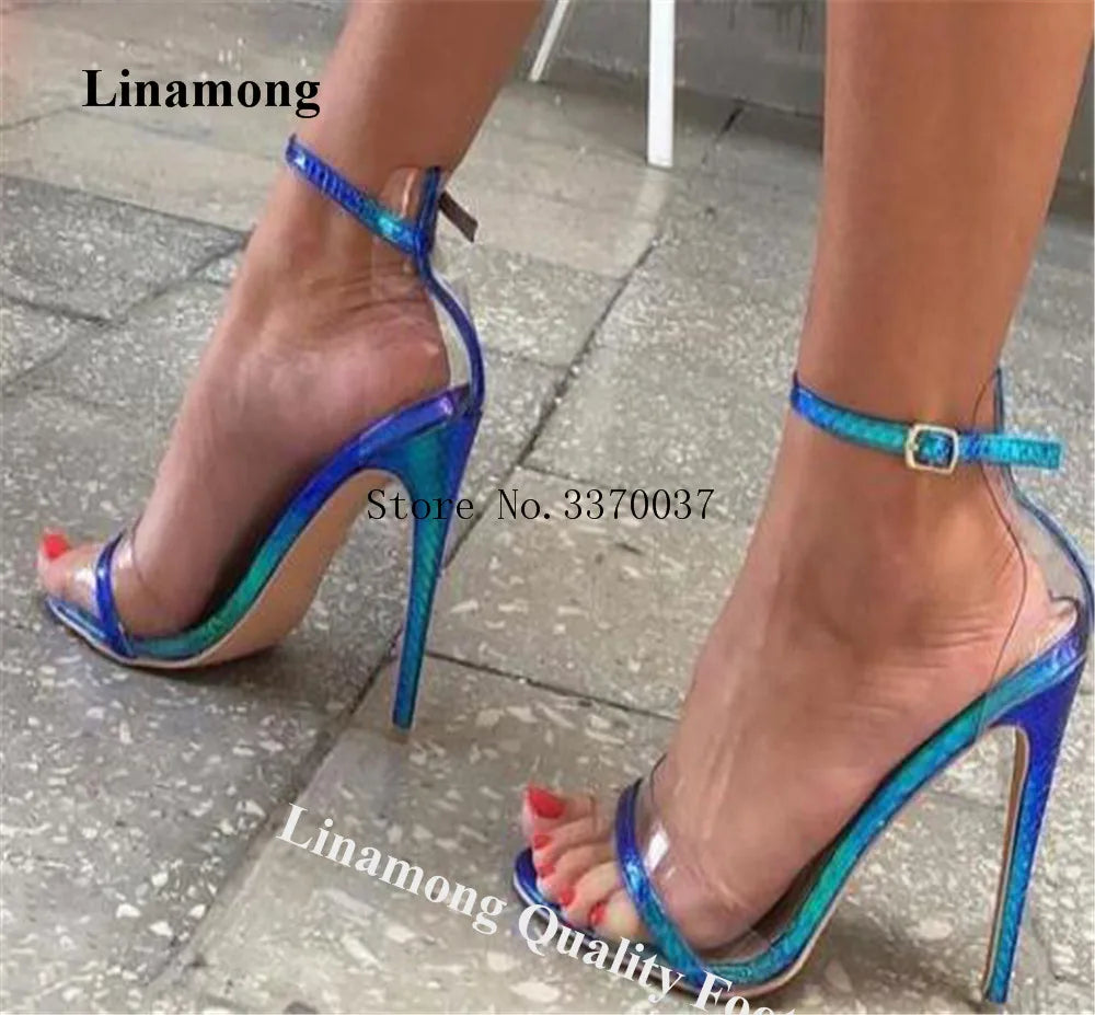 Clear PVC Patchwork Sandals Linamong Sexy Open Toe Transparent Black Leather Stiletto Heel Dress Shoes Party Club Heels