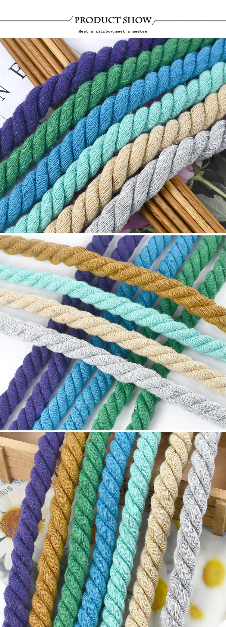 5/10M 12mm 3 Shares Twisted Cotton Rope Woven Braid Cord Meetee Bag Drawstring Strap Decorative Macrame Ropes Sewing Accessory