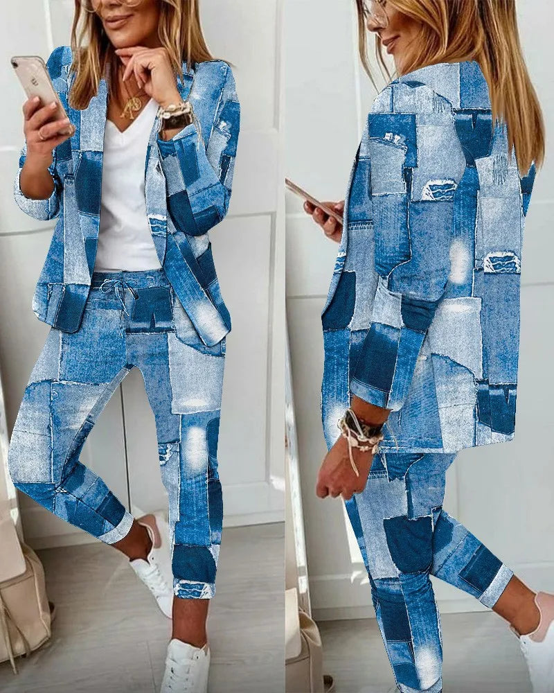 Traje de oficina formal de dos piezas para mujer 2026, conjunto de blazer y pantalón ajustado con bolsillo, solapa, conjuntos de oficina para mujer, chándal de 2 piezas