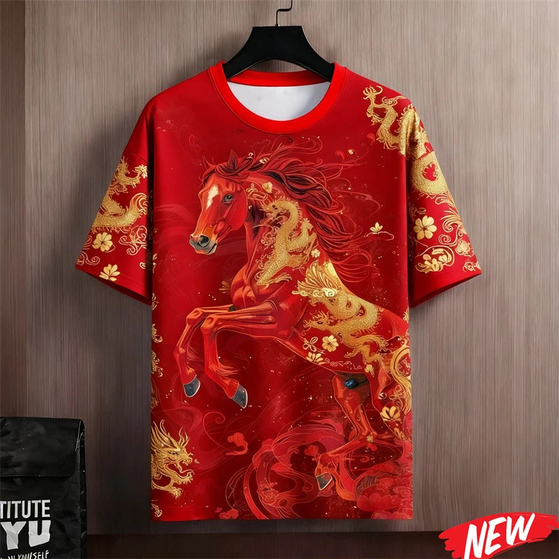 Red Color 2026 New Year T-Shirt Men Clothes Horse Graphic Happy New Year T Shirt Tops Festive Crew Neck Short Sleeve Tee Shirts