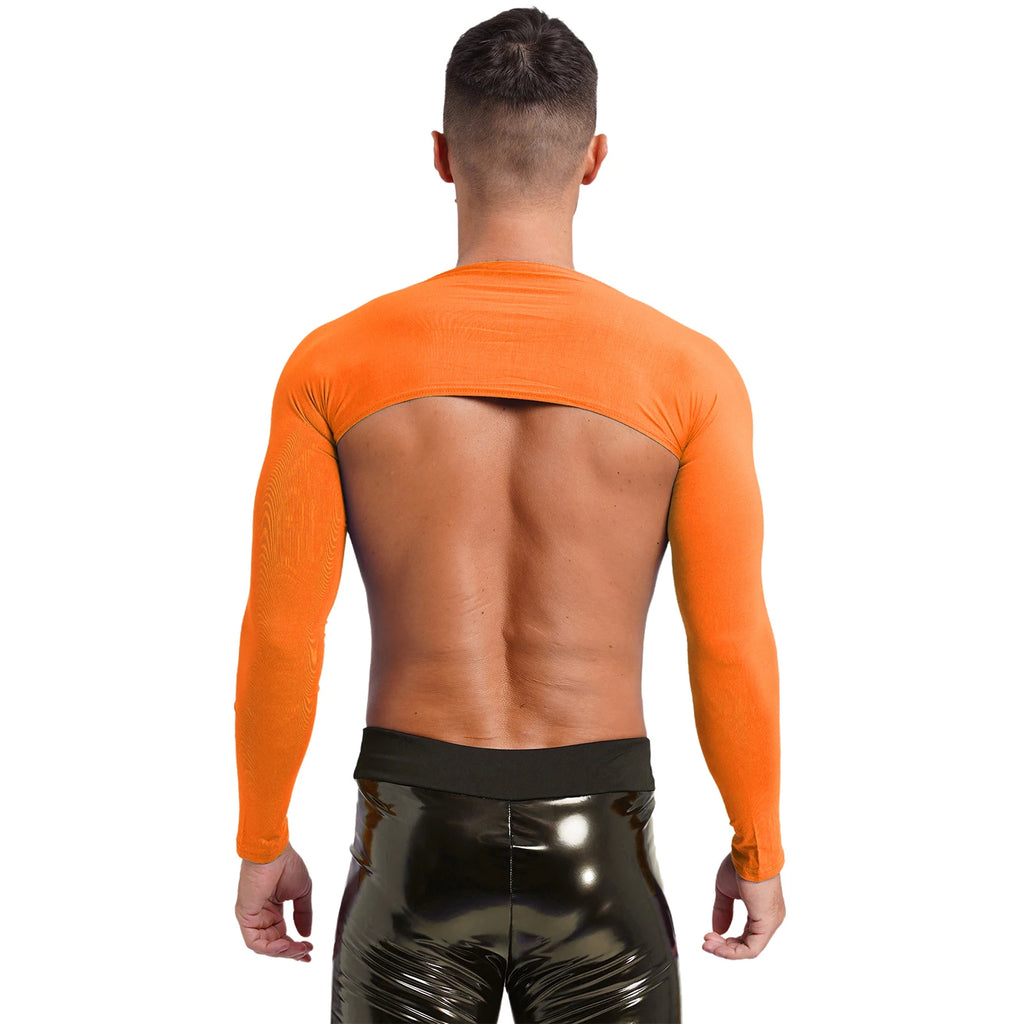 Men Open Front Half Crop Top Solid Long Sleeve Cardigan Bolero Shrug Tops Muscle Arm Sleeves Workout Sports Gym Tops Clubwear