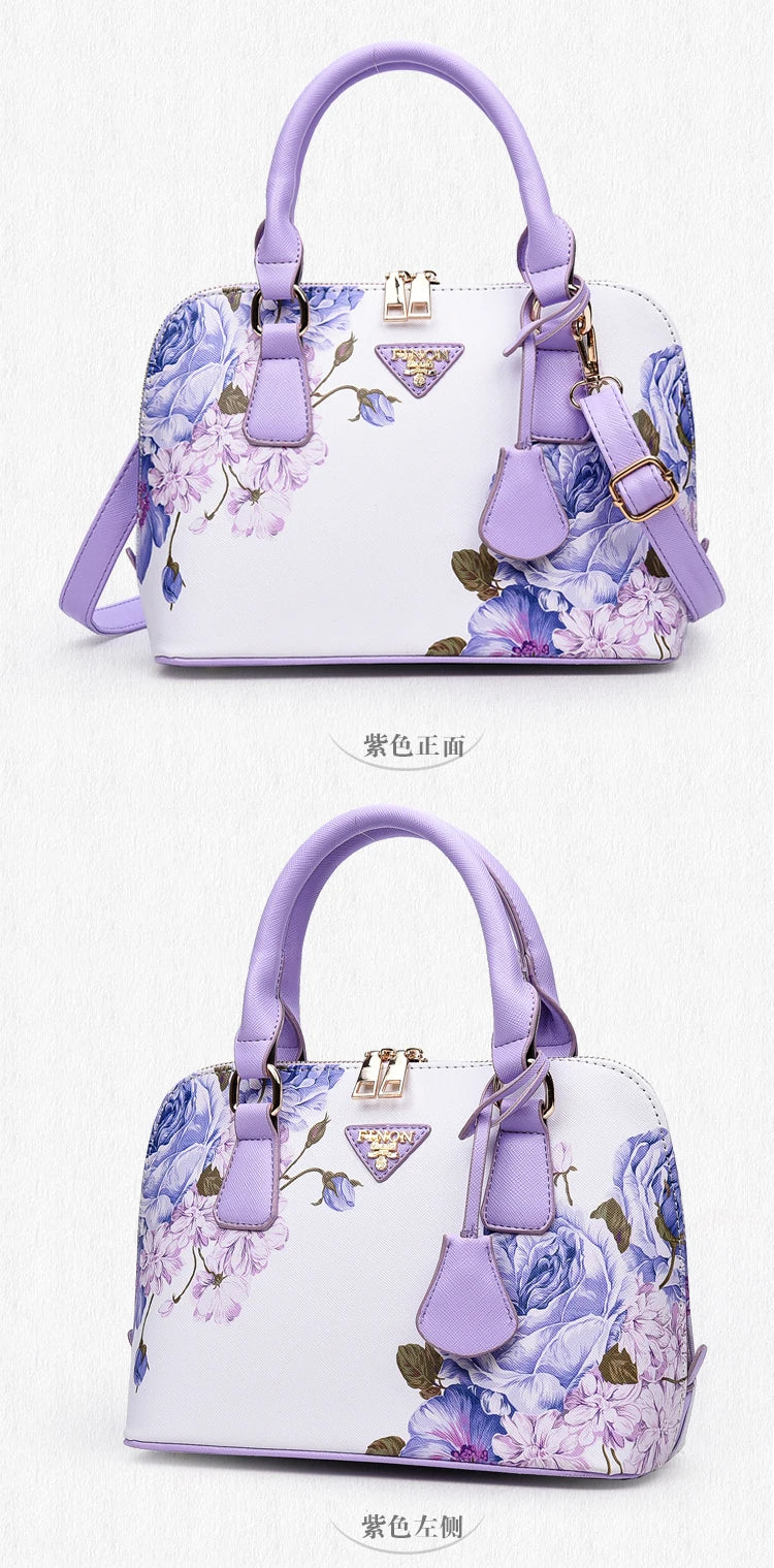 Fashion Elegant Shell Bag Women Flower Printing Totes Shoulder Crossbody Bags High Quality PU Leather Luxury Handbags for Women