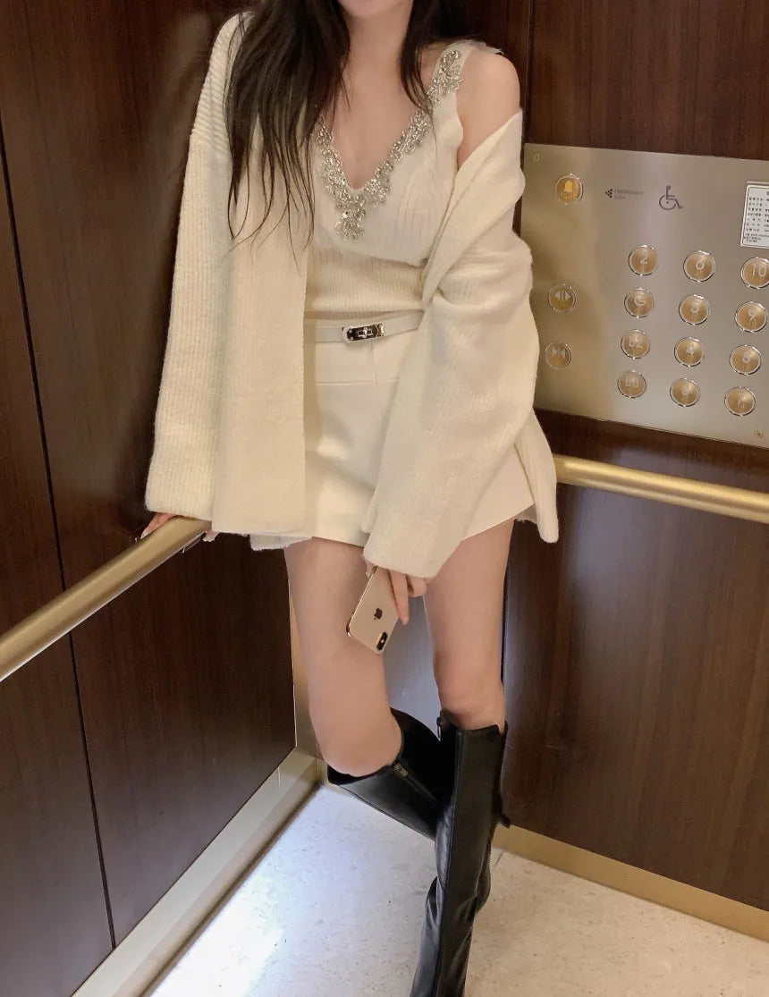 Korean Sle Sexy Sequin Strap Vest Women's Inner Knitted Cardigan Coat Autumn Two-Piece Set Faionable Top And Bot Ensemble