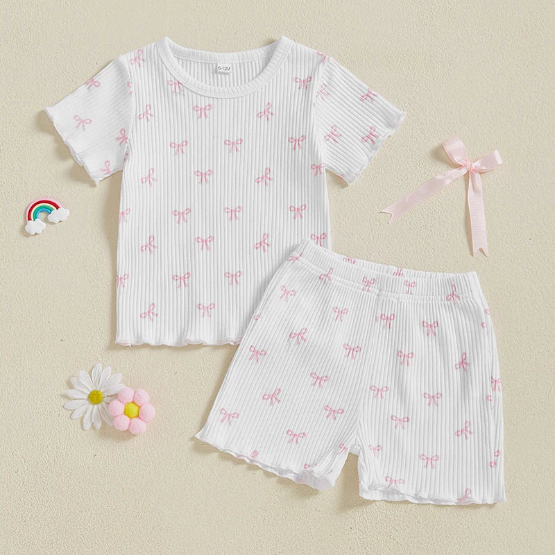 2024-12-09 Lioraitiin Toddler Baby Girl Bow Ribbed Outfit Lettuce Trim Short Sleeve Tops Elastic Waist Shorts Summer Set