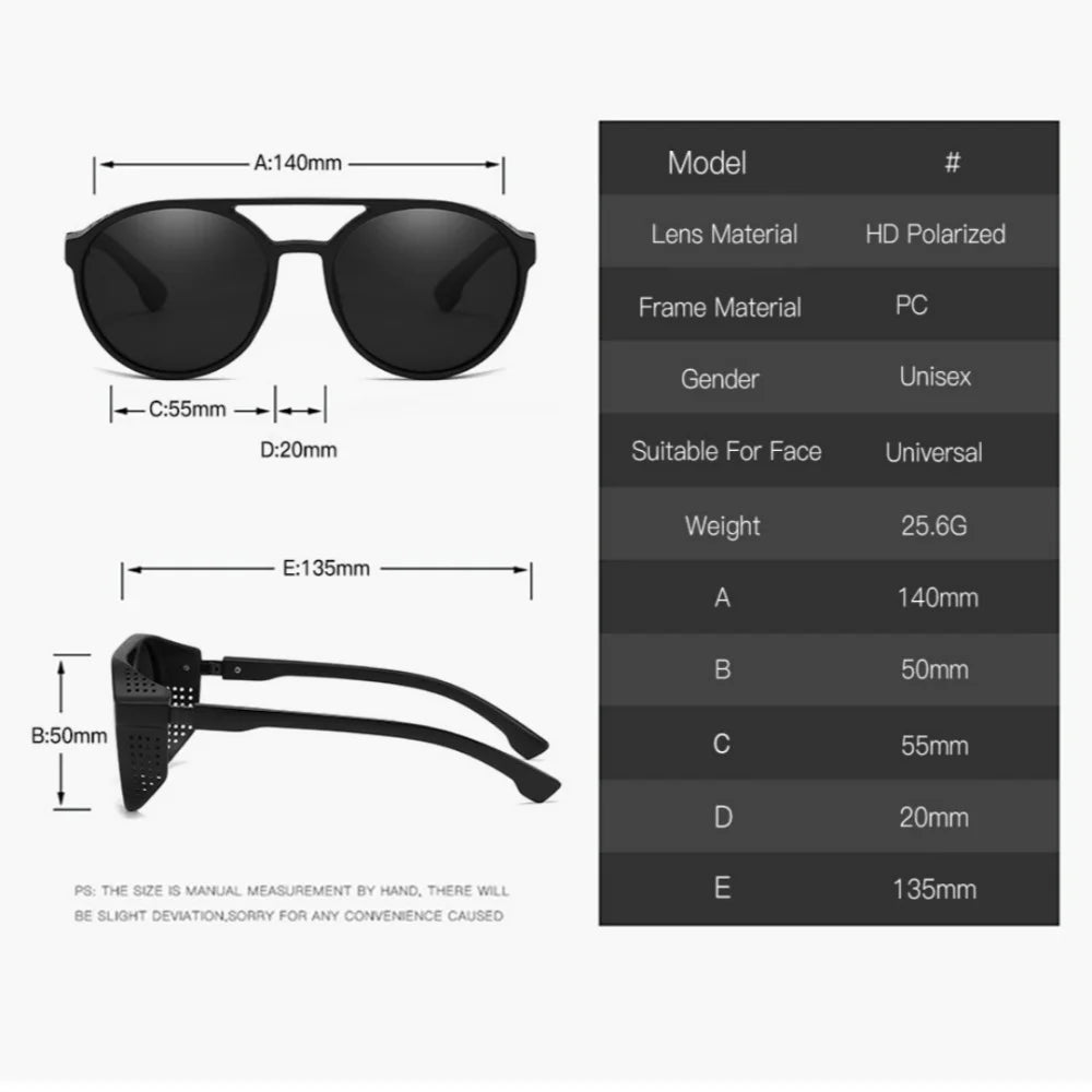 Men Women Polarized Sunglasses Steampunk Sports Sun Glasses Round Frame Eyewear with Side Shield UV400 Protection Driving Shades