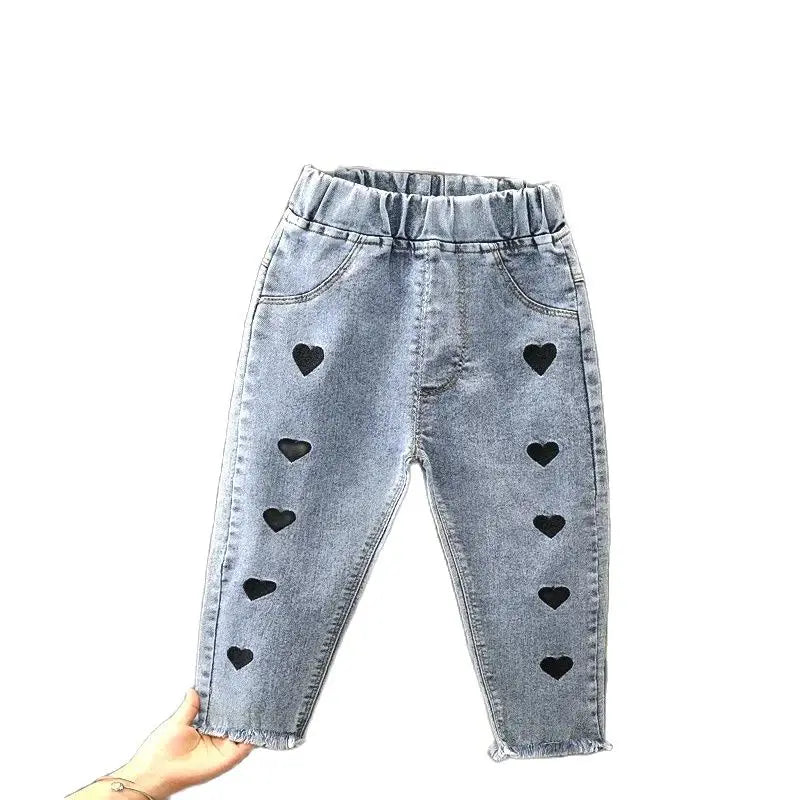 Spring kids girl's clothes baby elastic band straight-leg love jeans pants for girls' baby clothing outer wear denim trousers