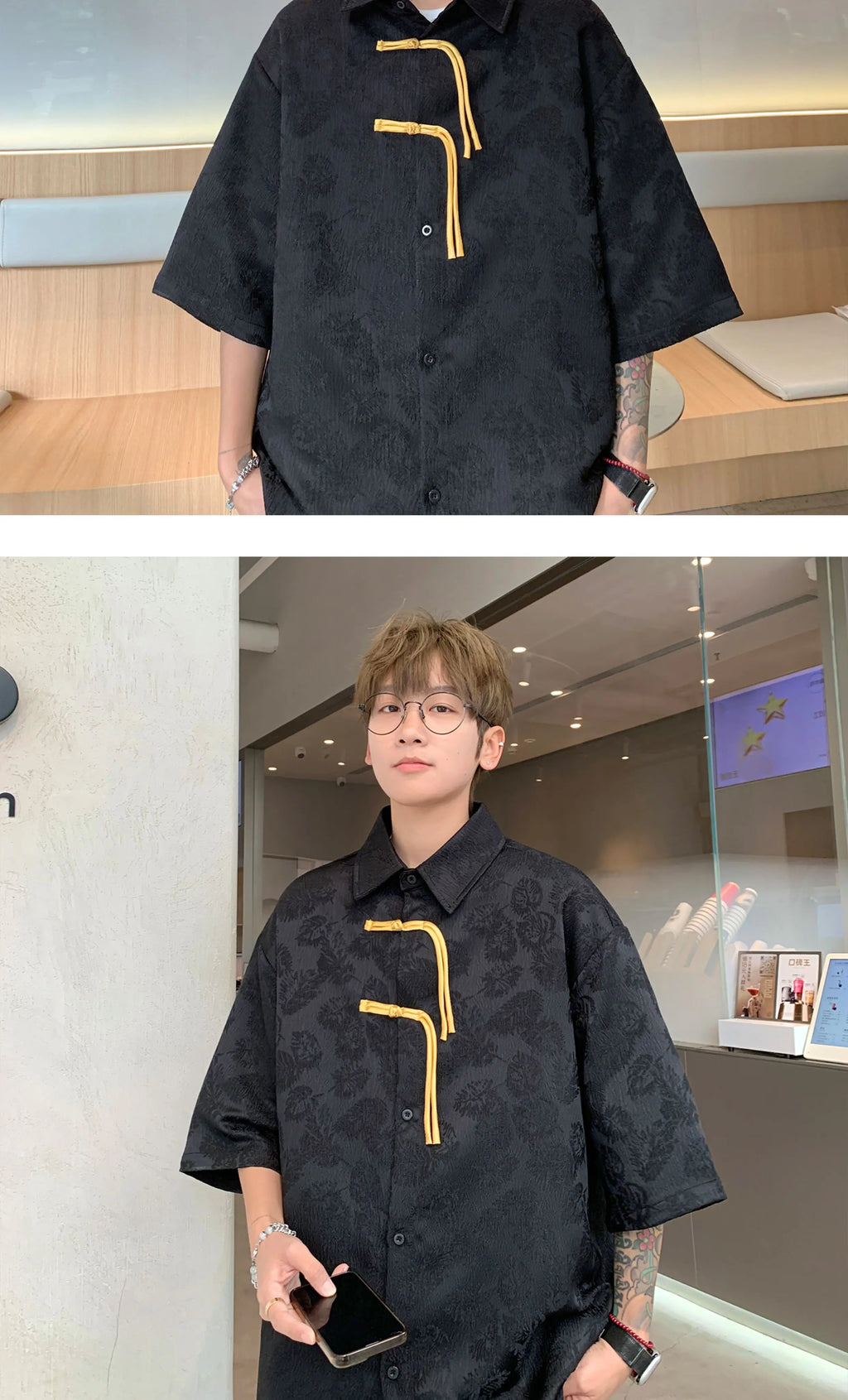 2024 Men Chinese Style Shirt Mens Tang Dress Hanfu Half-Sleeve Shirt Male Printing Kung Fu Outfit Loose Casual Tops
