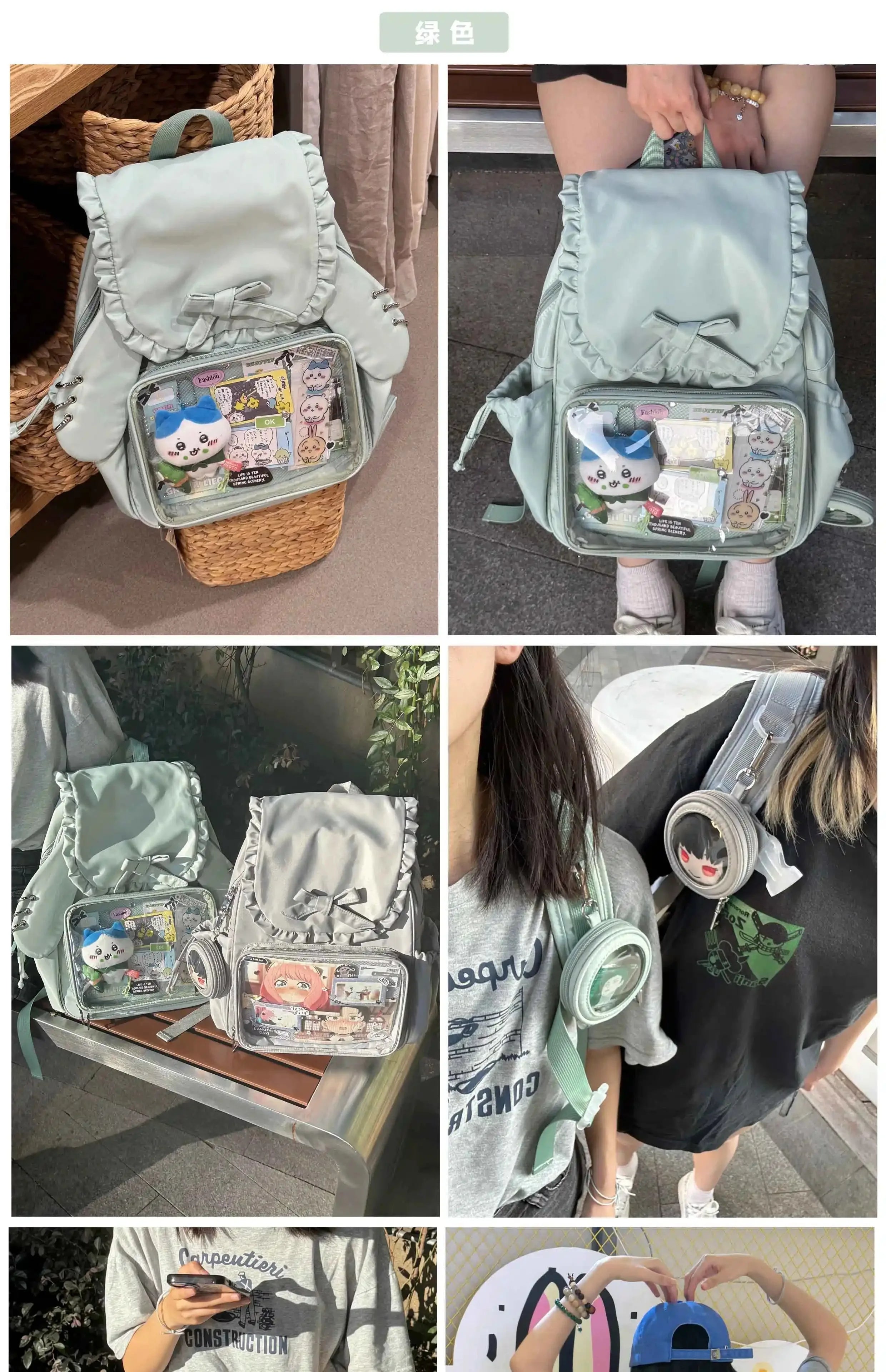 Original Two-dimensional Cute Transparent Large-capacity Backpack Women Sweet Bow Rabbit Ears Bags Preppy Style Kawaii Backpacks