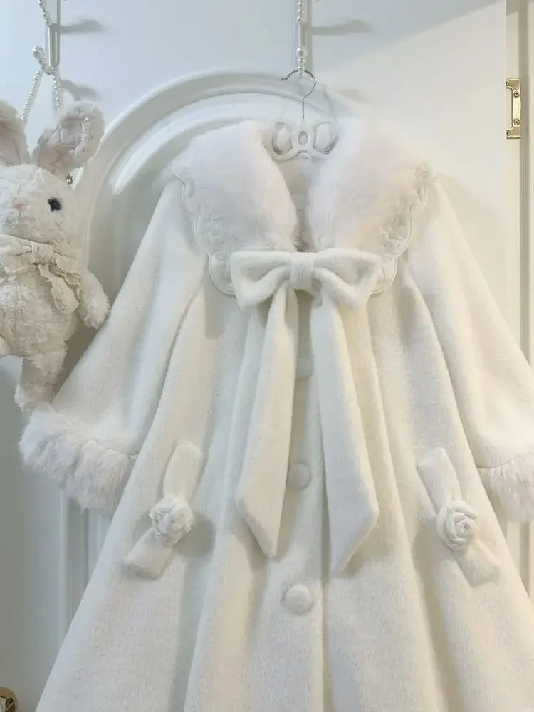 Harajuku Sweet Cute Lolita Coat Women Long Sleeve Mid-length Loose Tops Mujer Furry Lapel Neck Lace Bow White Jackets