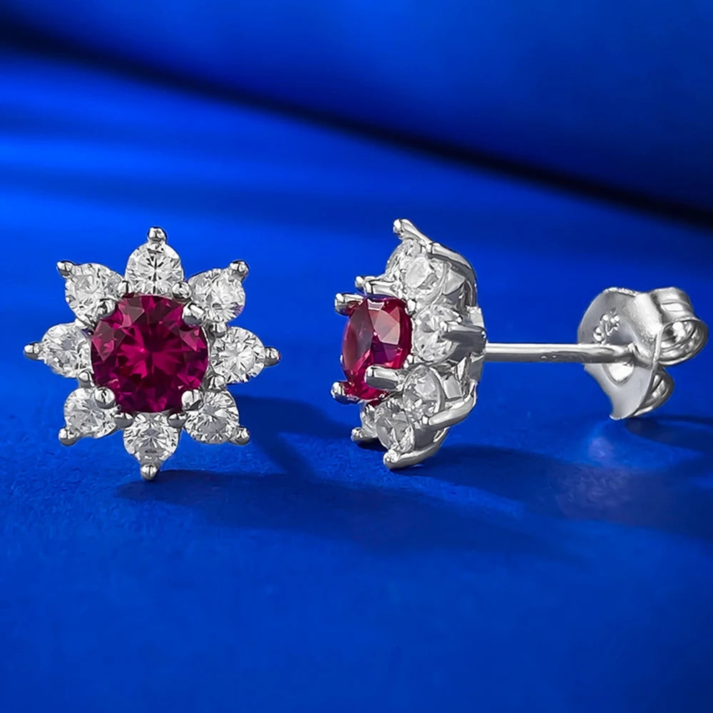 Wong Rain 100% 925 Sterling Silver Round Cut Ruby High Carbon Diamond Gemstone Flower Ear Studs Earrings Jewelry Wholesale