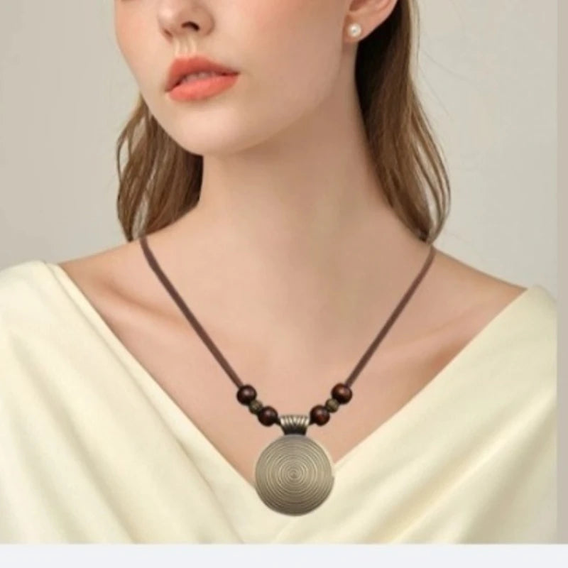 Fingerprint Circular Sweater Chain Alloy Bohemian Men Women Personality Pendants Long Necklaces Handmade Jewelry