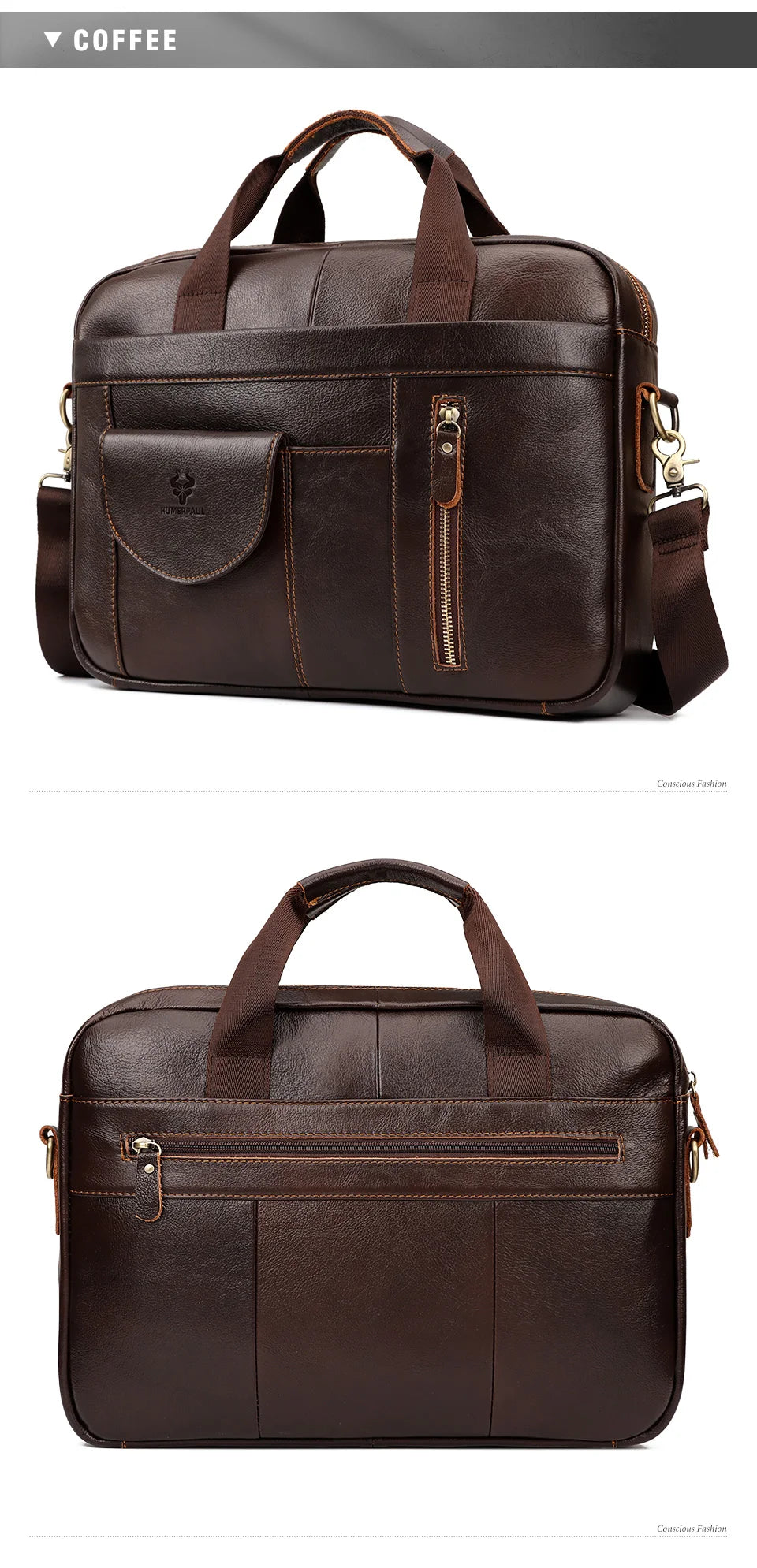 HUMERPAUL Men's Briefcase Bag Top Layer Leather Handcrafted Laptop Bag with Multiple Compartments Business Shoulder Messenger