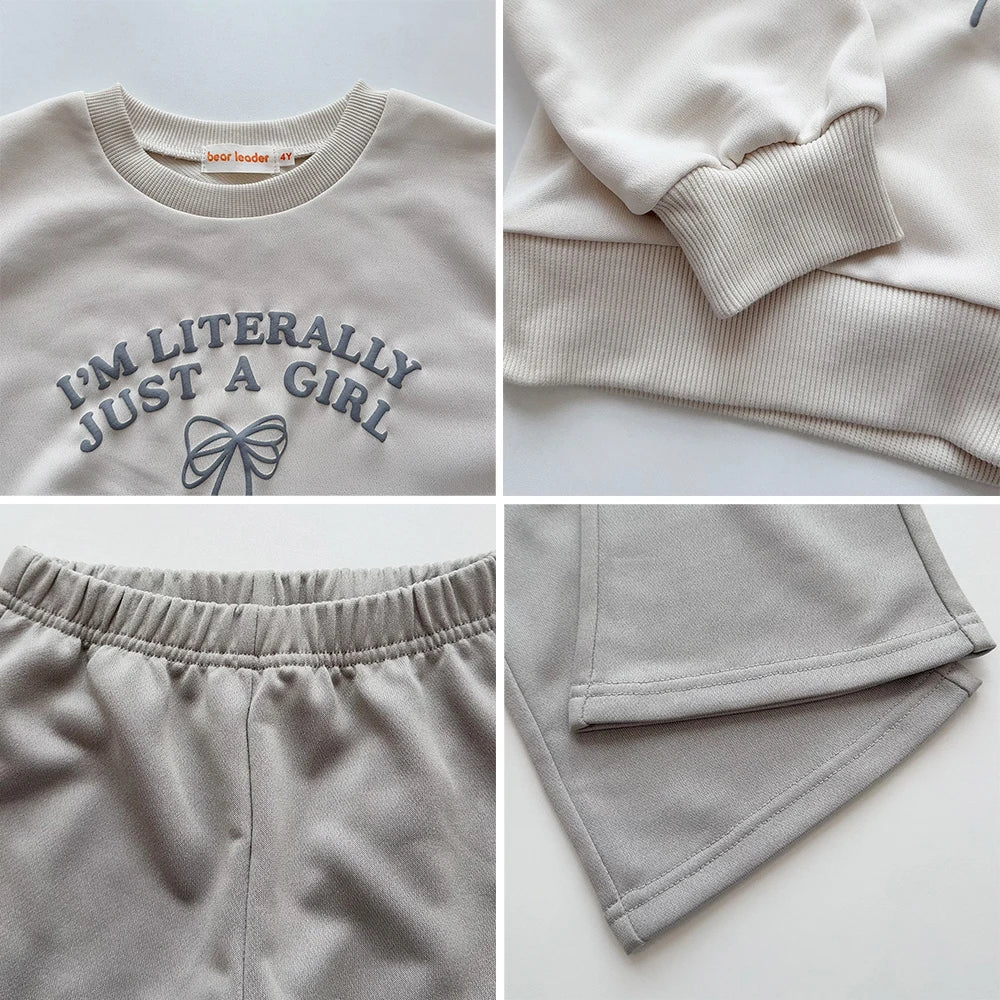 Bear Leader Spring and Autumn Long Sleeve Girls' Set Letter Printed Top+Solid Color Bell Bottom Pants Pink Casual Kids Wear