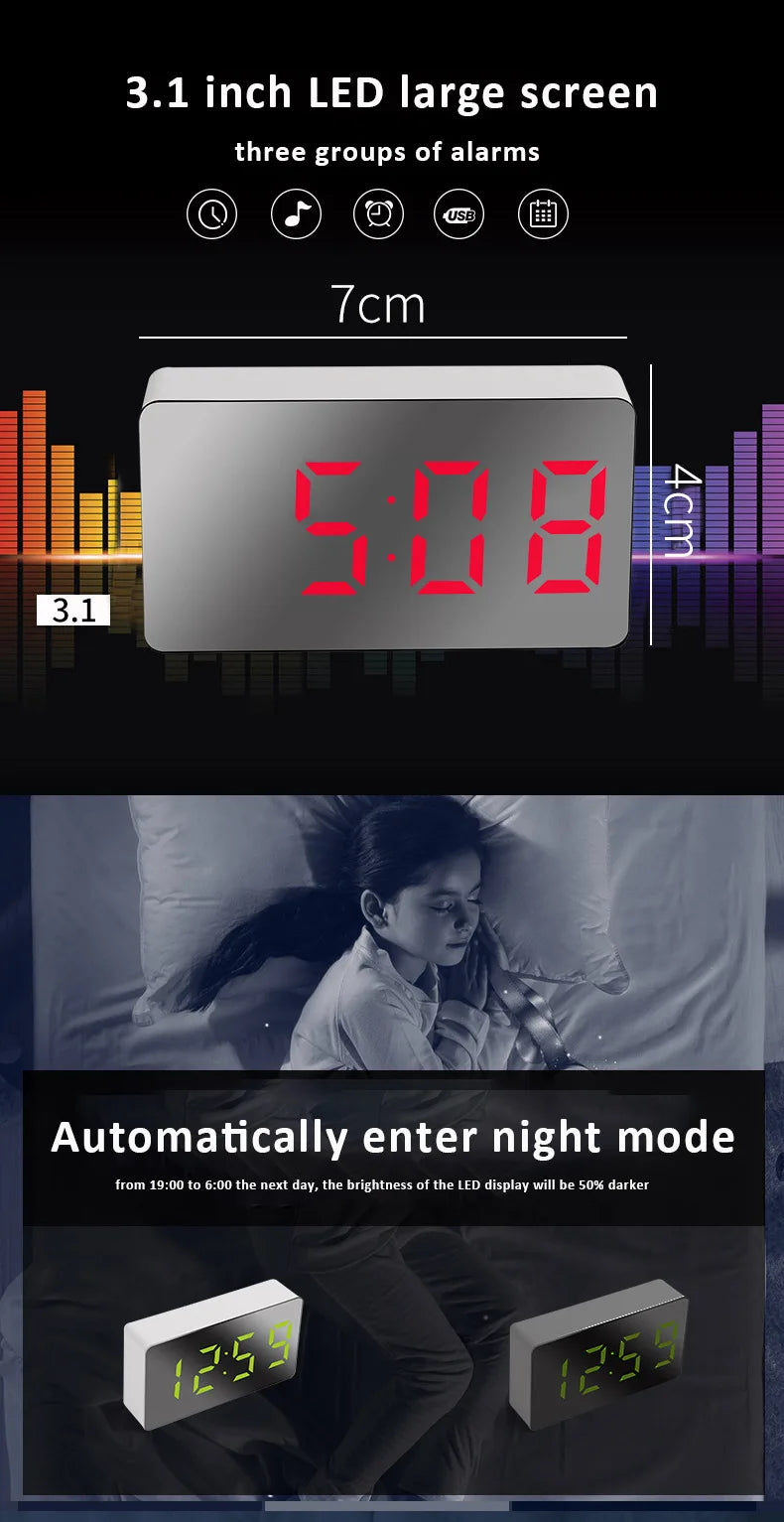 Multifunctional Table Clock Digital Alarm Snooze Mirror Display Time Night LED Light Desk Desktop Home Decor Gifts for Friends