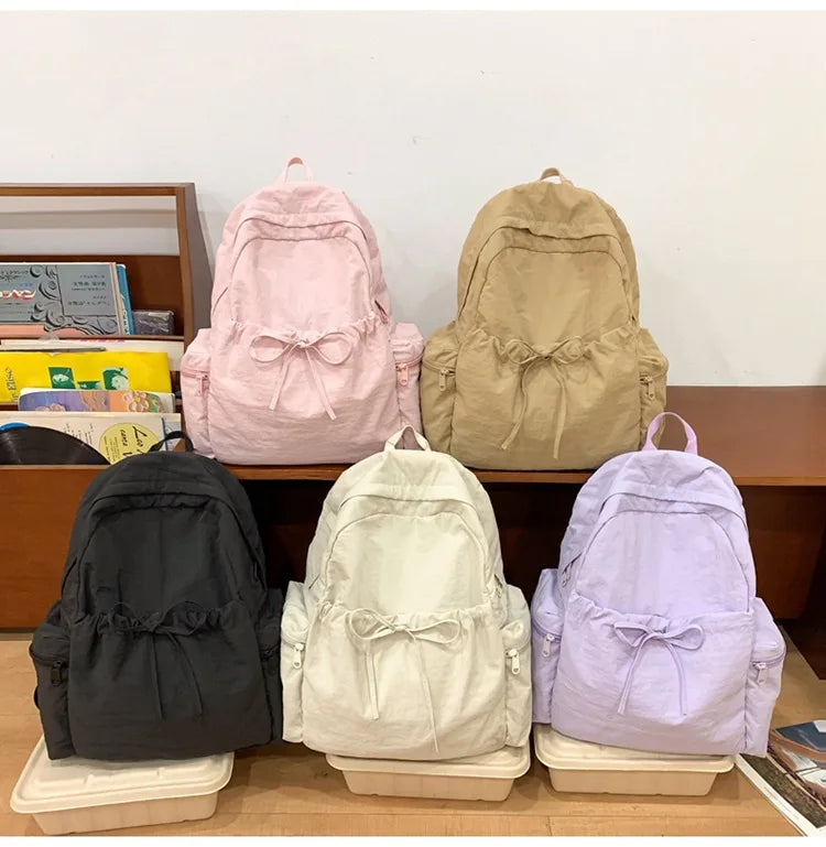 Japanese Style Student Backpack Solid Color Bow Travel School Bag Lightweight and Fashionable Women's Backpack New Simple Casual