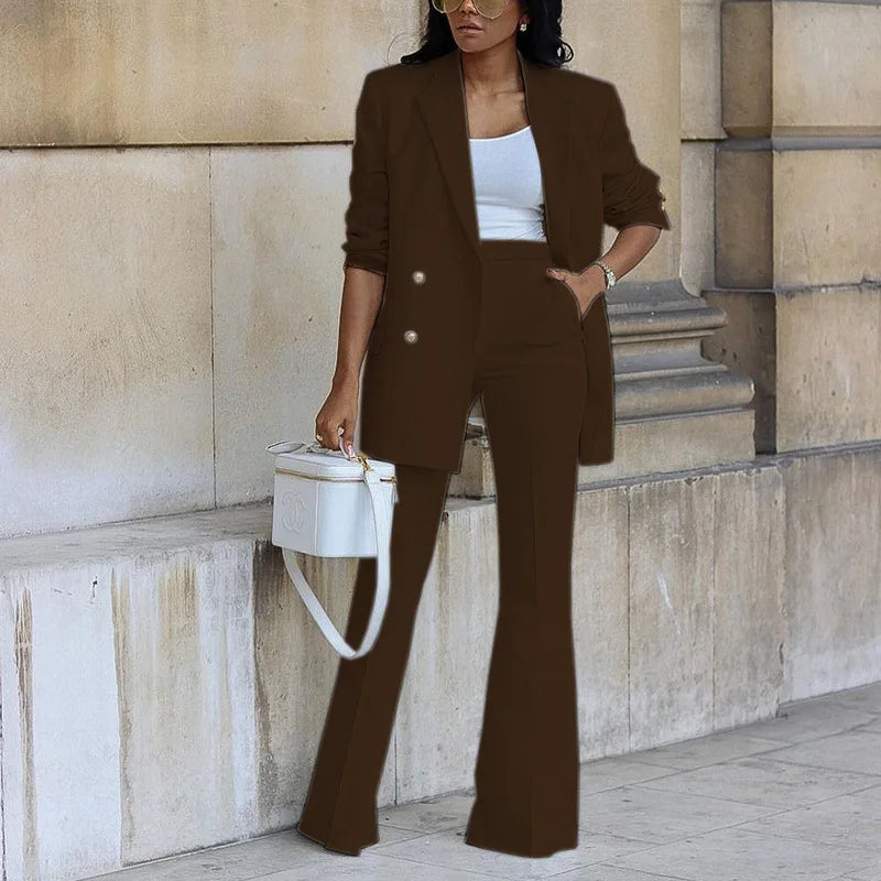 Fashion Wide-leg Trousers Women Blazer Set Autumn Winter Double-breasted Long Suit Coat Trousers Female Suit Office 2-piece Set
