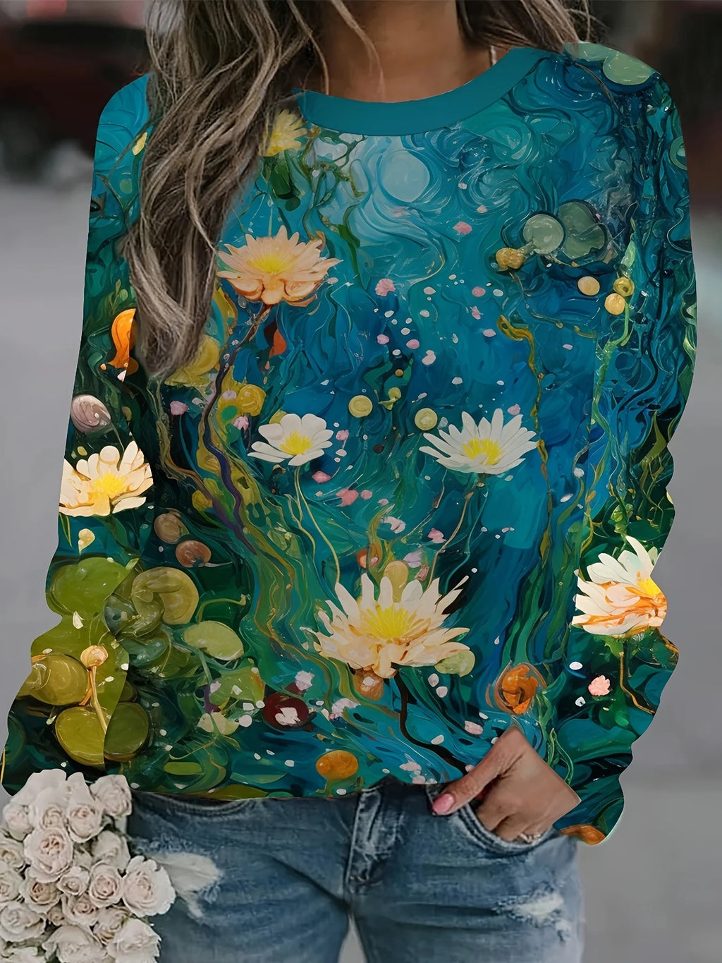 Fashion Women's Sweatshirt Floral Graphic Print Sweatshirt for Women Casual Long Sleeve Crew Neck Pullover y2k Women's Clothing
