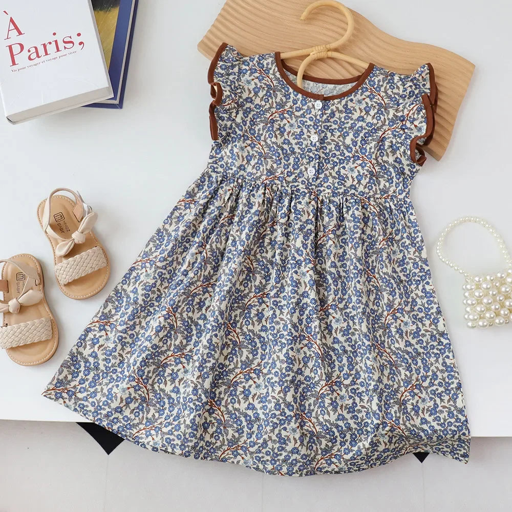 Bear Leader Summer Flying Sleeve Round Neck Girls Princess Dress 3-7 Years Flower Kids Clothes with Button