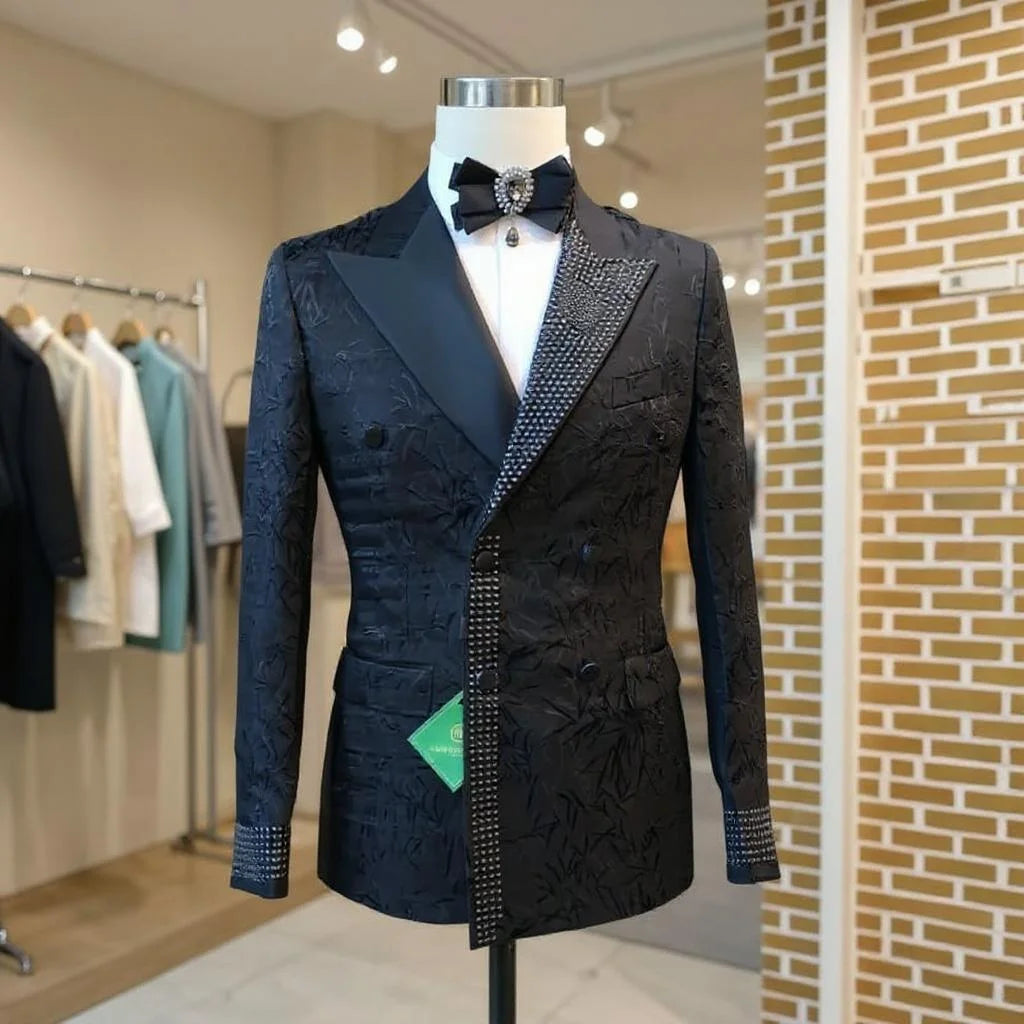 Beaded Floral Men Suits Double Breasted Business Formal Wedding Tuxedos Grooms Party Prom Male Suit Set 2 Pieces Blazer Pants