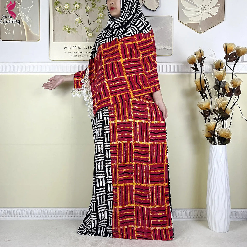 2025 New Summer Abaya Short Sleeve Dress With Big Scarf Printing Floral Loose Dress Islam Kaftan Women African Abaya Clothing