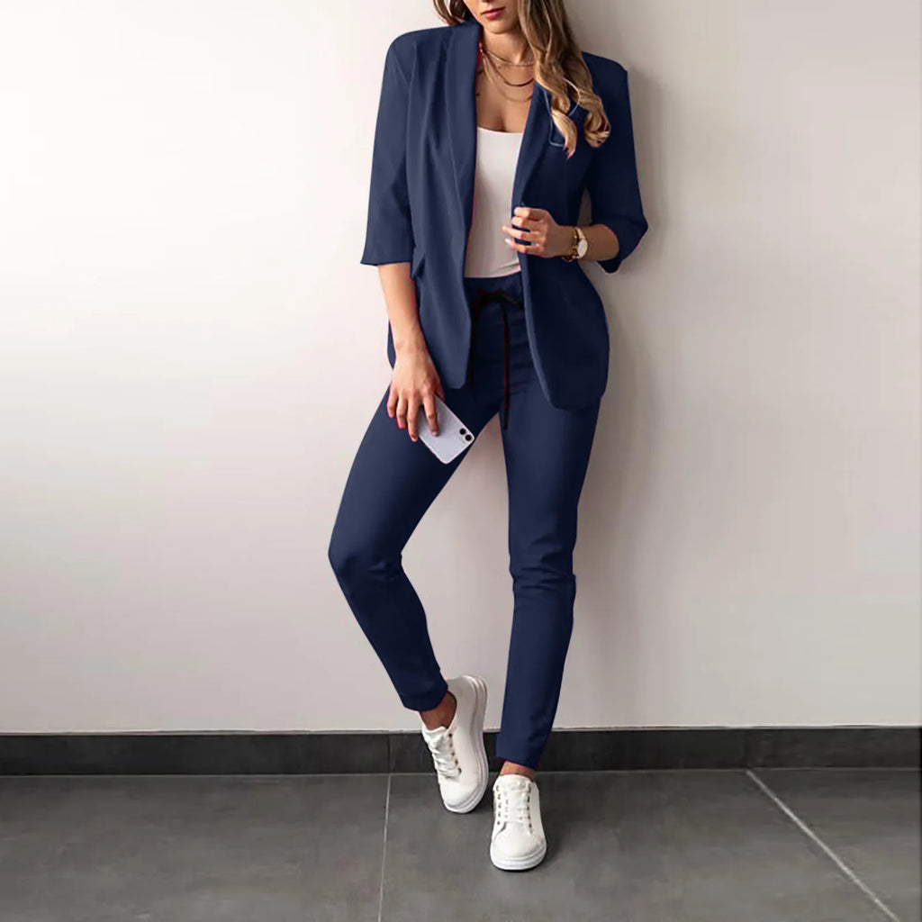 Traje de oficina formal de dos piezas para mujer 2026, conjunto de blazer y pantalón ajustado con bolsillo, solapa, conjuntos de oficina para mujer, chándal de 2 piezas