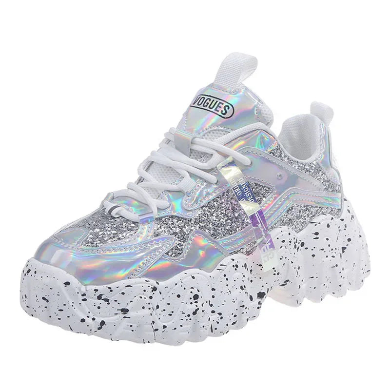 Comemore Women New Bling Platform Sneakers for Girls Casual Chunky Sneaker 6cm Thick Bottom Sports Shoes Platform Red Silver 40