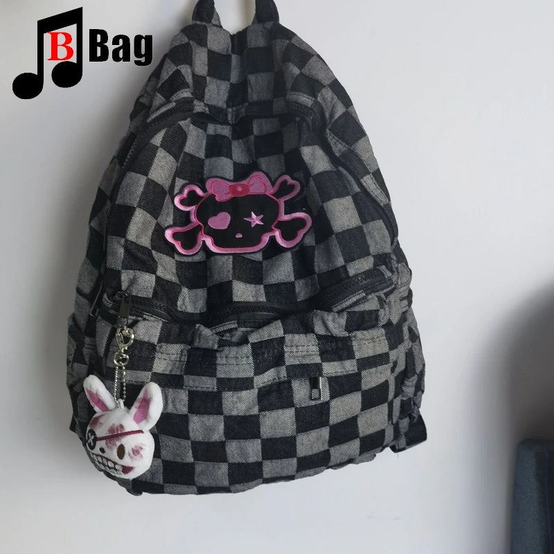 Harajuku Women Girl Cute Little skull Lattice Shoulder Bags Backpack Students Large Capacity Backpacks book bag Computer Handbag