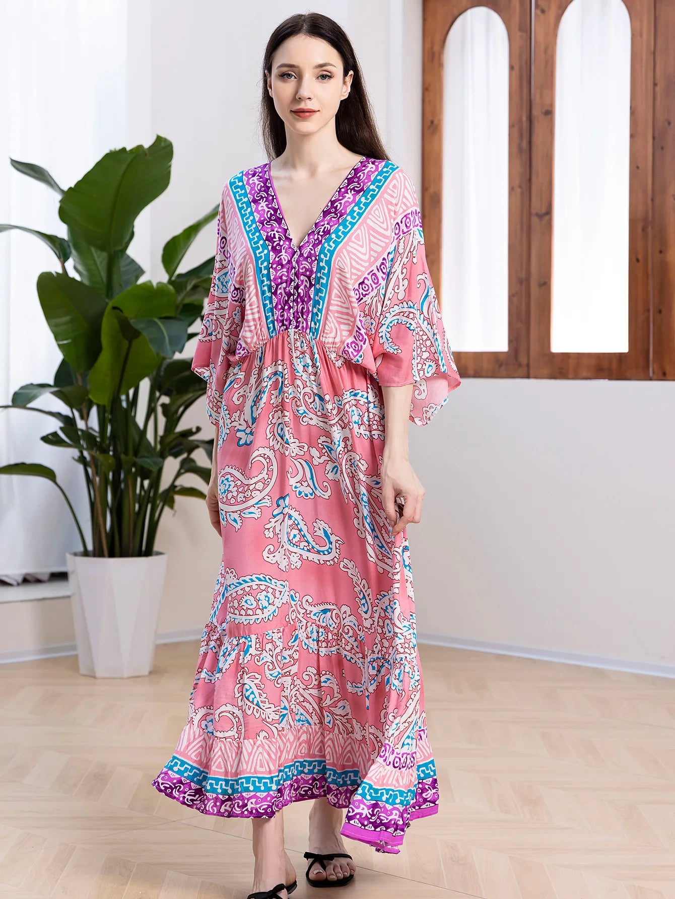 Bohemian Oversize Loose Elastic Waist Maxi Dresses Women Robe Cotton Rayon Floral Printed Long Dress Summer Boho Beach Cover up