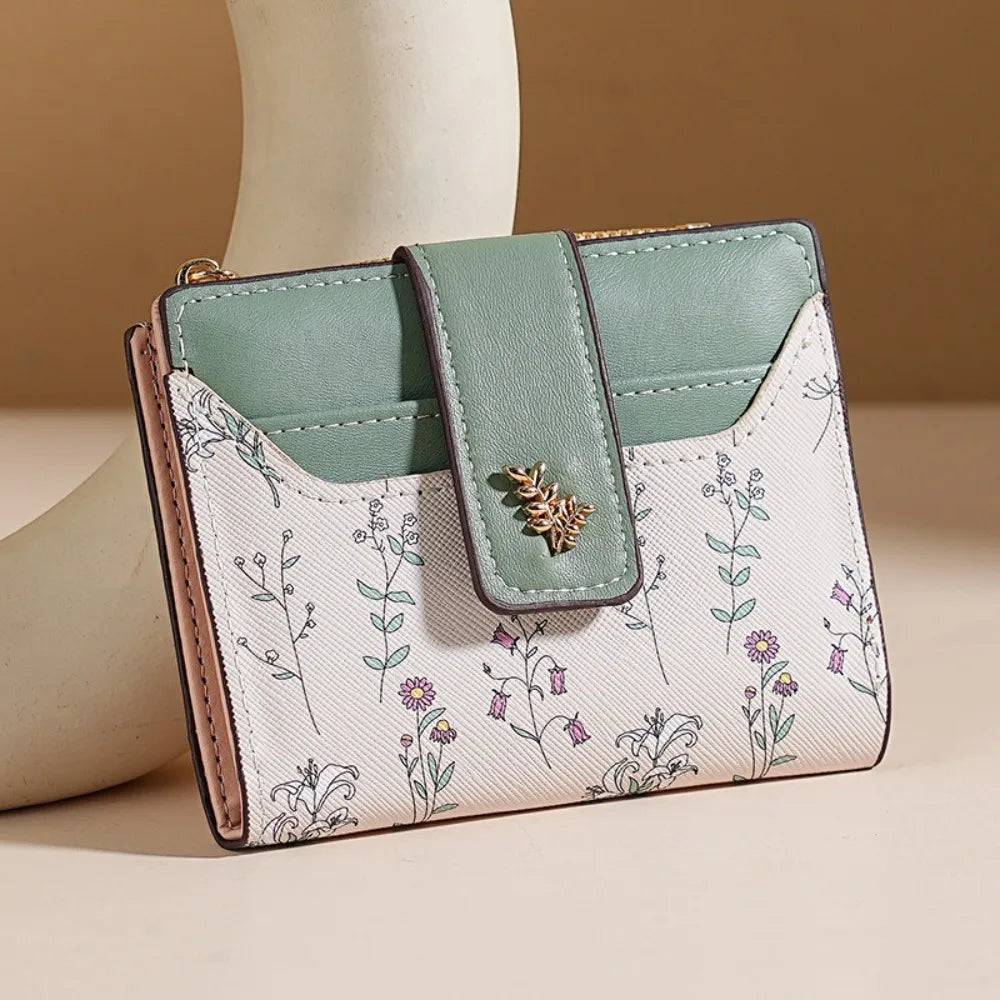 Fashion PU Leather Women Short Wallet Zipper Hasp Small Flowers Card Holder Slim Small Wallet Multi-Cards Coin Purse For Girl