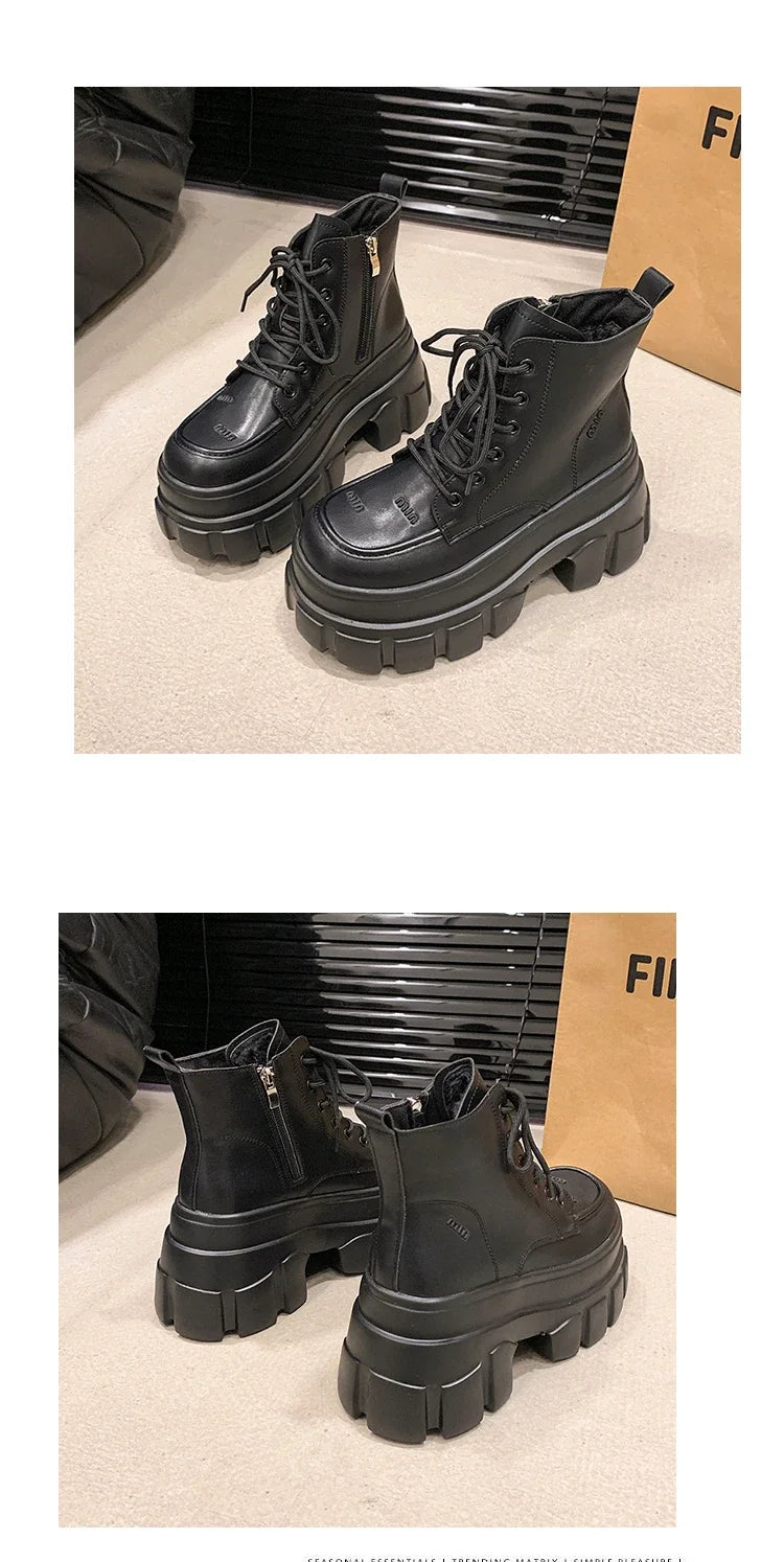 9CM Autumn High Platform Leather Boots Wedge Heels Ankle Boots Winter Women Lace-up Warm Shoes Motorcycle Chunky Sneakers Woman