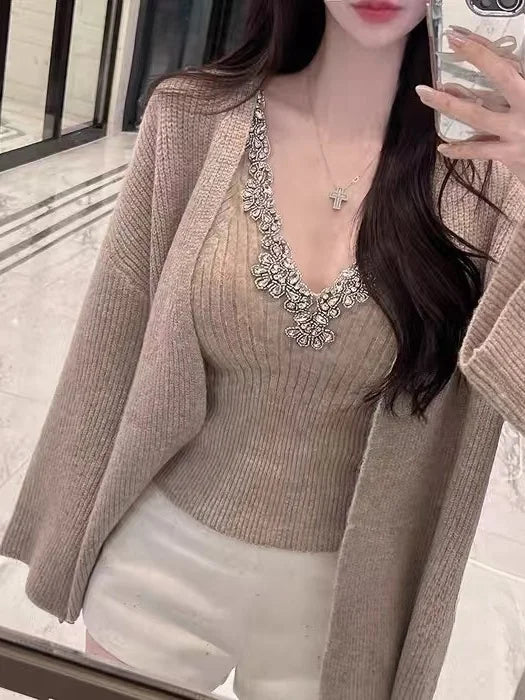 Korean Sle Sexy Sequin Strap Vest Women's Inner Knitted Cardigan Coat Autumn Two-Piece Set Faionable Top And Bot Ensemble