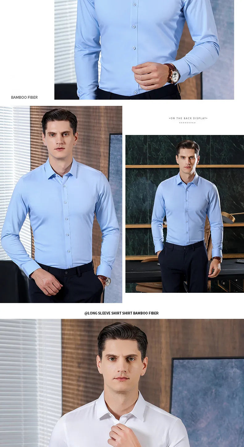 New Stretch Anti-Wrinkle Mens Shirts Long Sleeve Dress Shirt For Slim Fit Bamboo Fiber Business Blouse Social White Shirt Formal