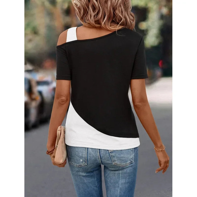 Casual Sommer-Top T-Shirt Damen Chic Color-Blocking Off-Shoulder T-Shirt Kurzarm und asymmetrische Tops
