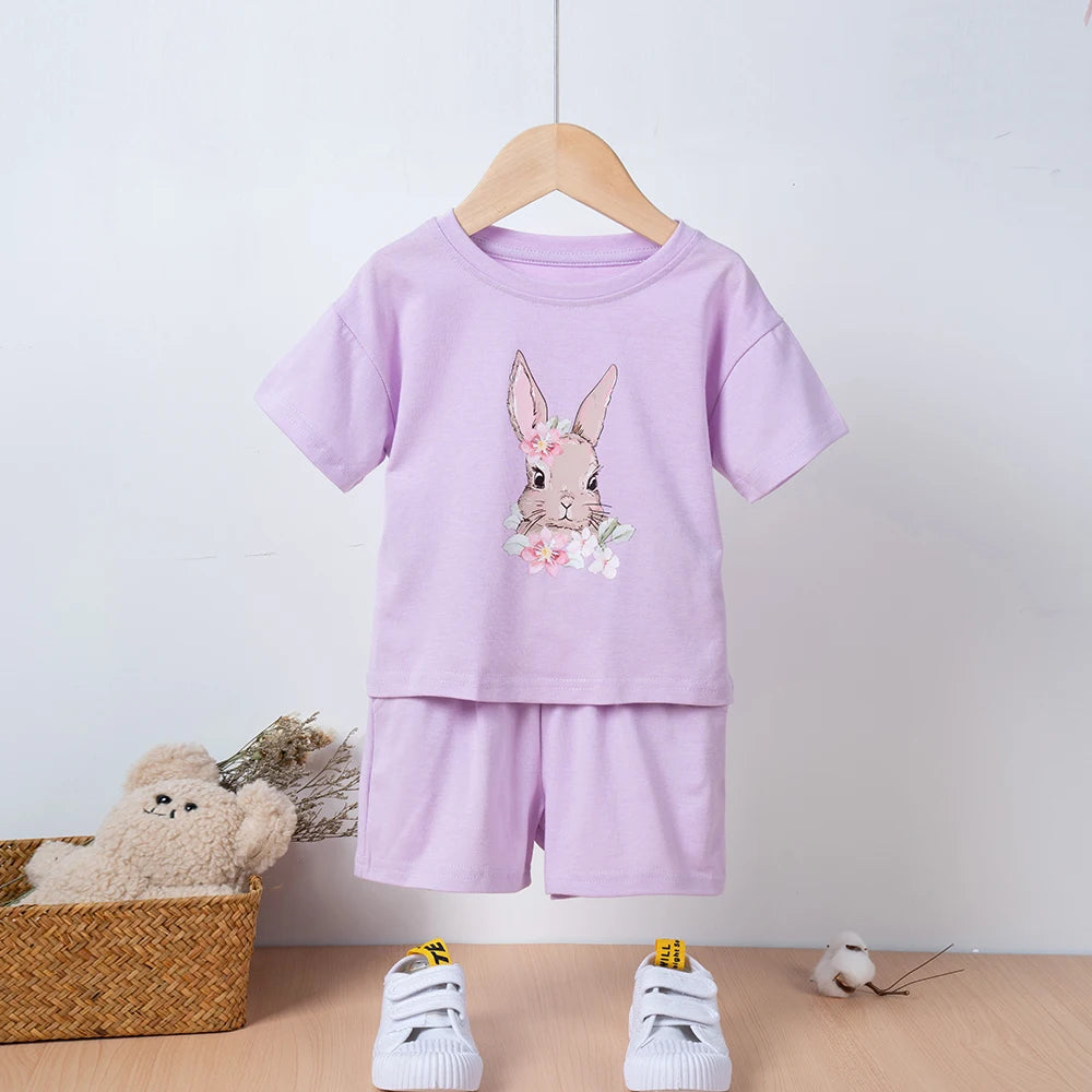 Hot Selling Children's Printed Summer Set Cute Rabbit Baby Boy And Girl Summer Clothing Children's Pure Cotton T-shirt Set