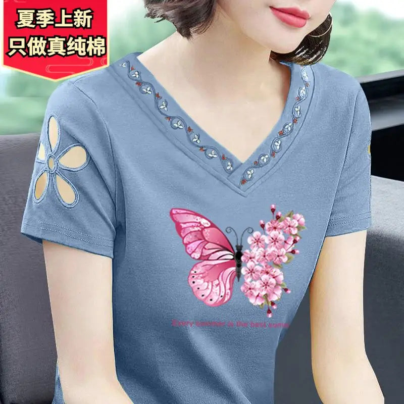 Simplicity Office Lady Summer New Pure Cotton Women's Solid V-Neck Embroidered Fashion Casual Loose Short Sleeve T-Shirts Tops