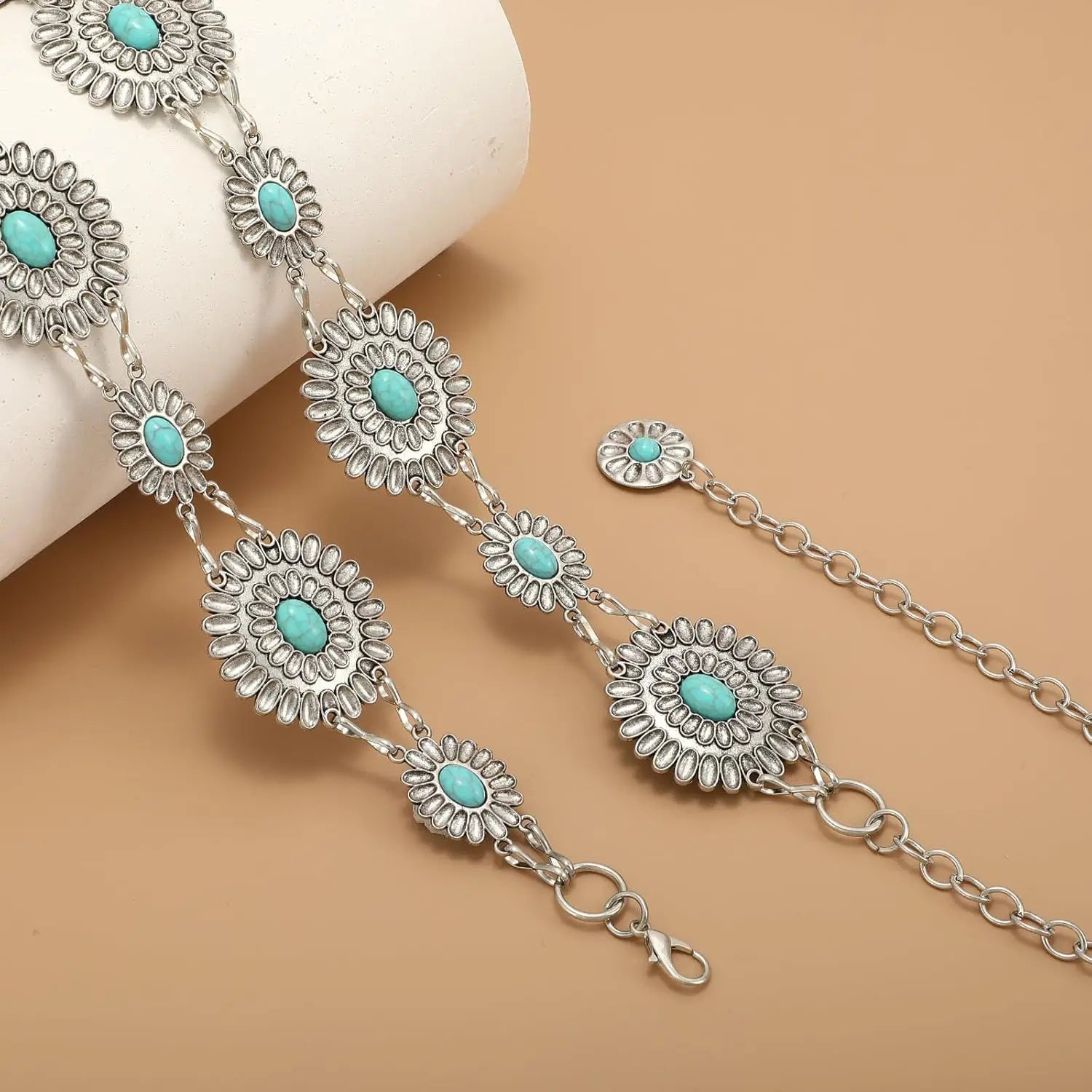 Women Boho Chain Belts for Jeans Dresses Western Silver Concho Waist Chain Belt for Women Adjustable Metal Cowgirl Belt
