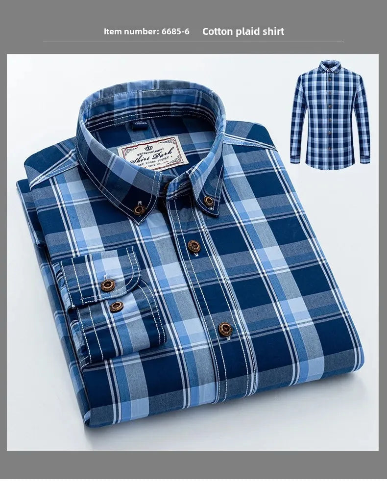 Neue Herren-Langarmhemd aus reiner Baumwolle im Karomuster Frühling Ganzbaumwoll-Freizeithemd Koreanischer Stil Schlank machend Glättet Ihre Silhouette Bügelfrei