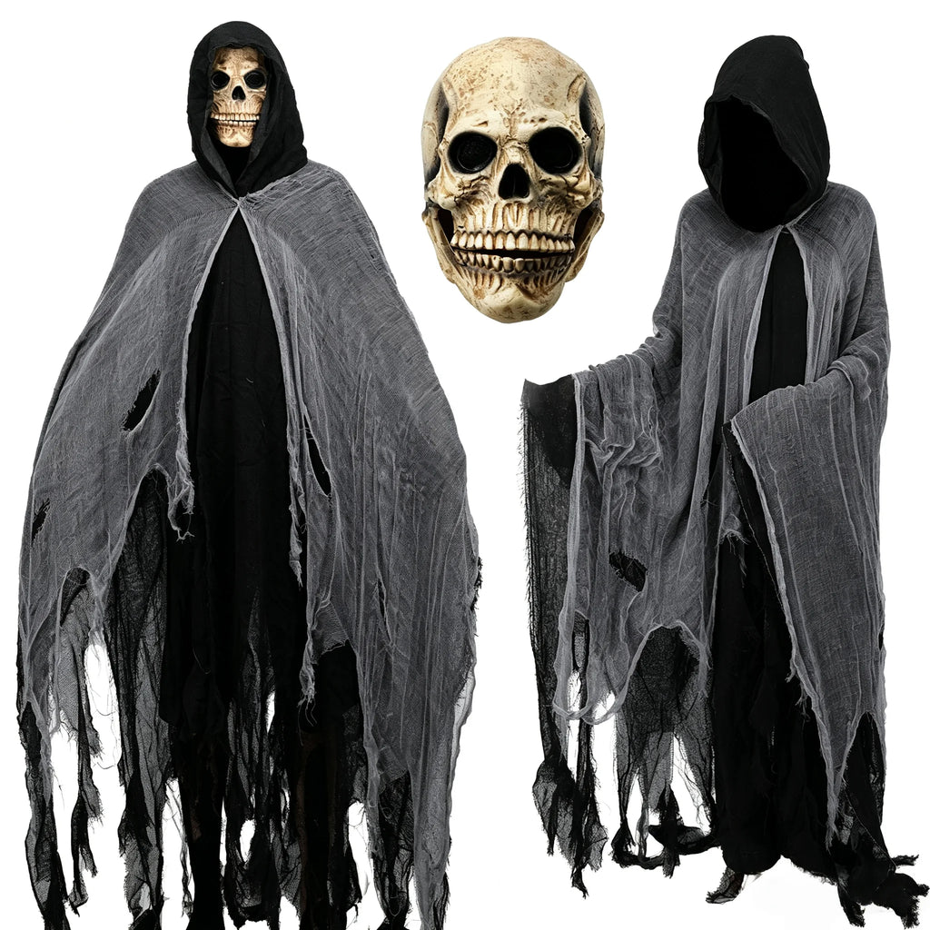 Halloween Tattered Grim Reaper Hooded Gauze Cape Adult Scary Dementor Robe Haunted House Masquerade Horror Cosplay Costume