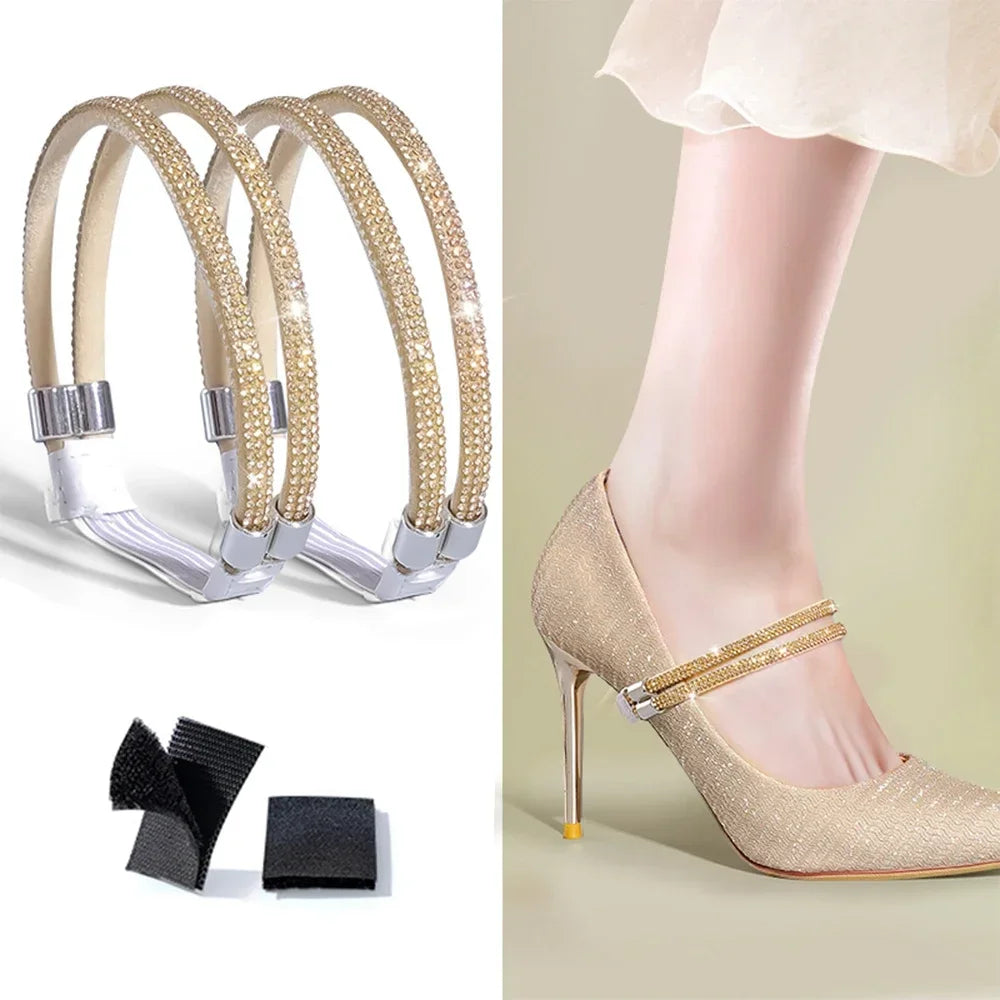 2pcs Anti-skid High Heels Shoes Band Women Rhinestone Shoelaces Triangle Bundle Anti-drop Straps Belt Drill Elastic Fixing Belts