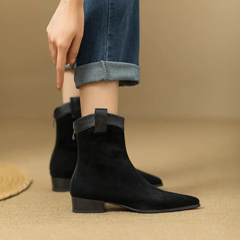 Women's Vintage Chunky Heel Ankle Boots Autumn Winter New Pointy Square Head Suede Back Zipper Soft Sole Non-slip Short Boots