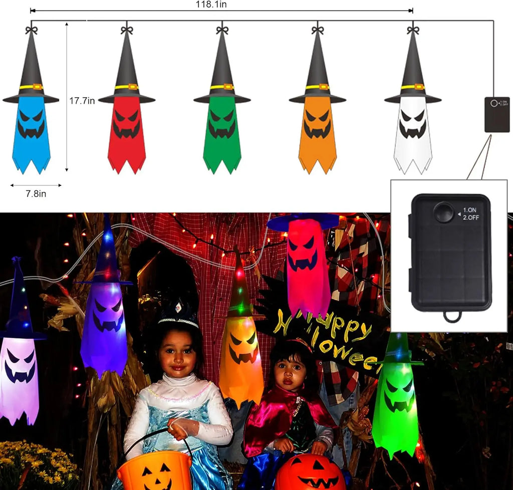 Halloween Decorations Outdoor 5 PCS Hanging Halloween Lighted Glowing Ghost Witch Hat with LED String Lights for Party Garden