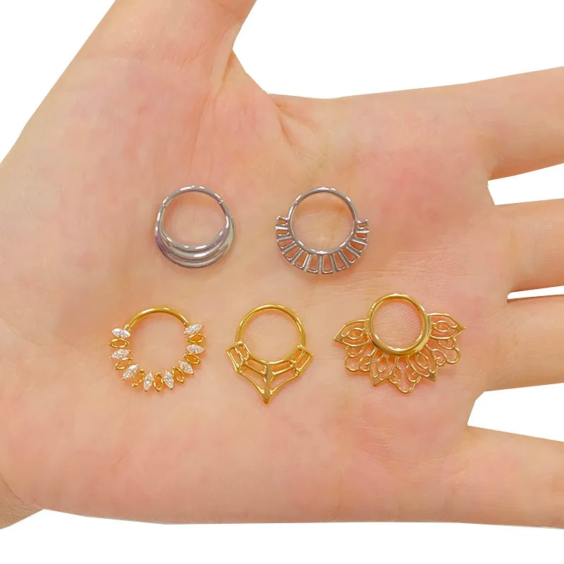 ASTM F136 Titanium Nose Rings PIERC Fan-shaped and Side CZ Ring Hoop EAR Hinged Clicker Earring Labret Tragus Ring Body Piercing