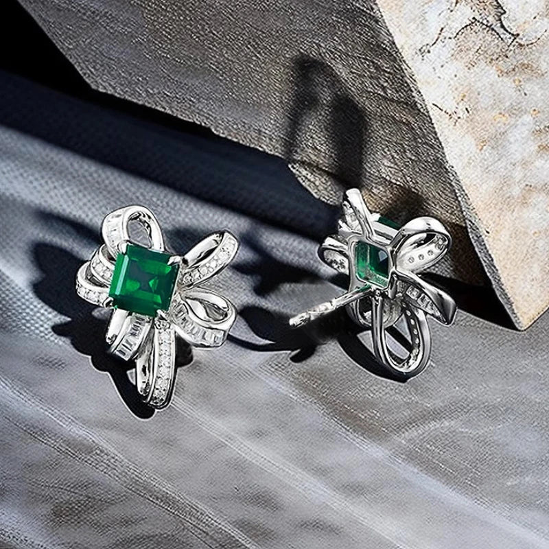Huitan Aesthetic Knot Design Women Stud Earrings with Bright Green CZ Charming Wedding Fashion Accessories Party Daily Jewelry