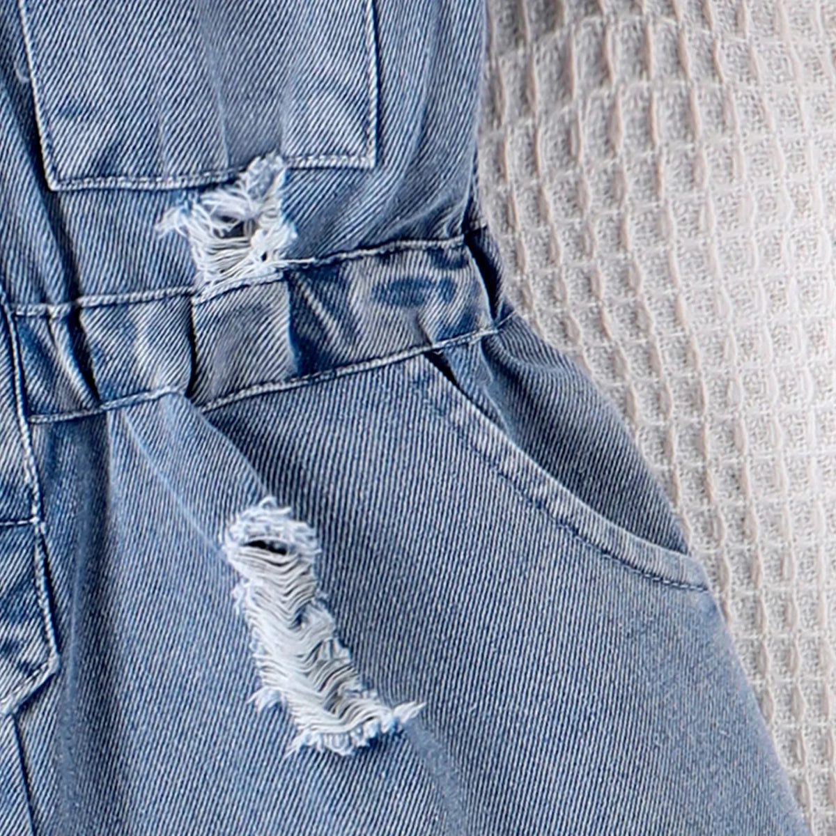 New Children Denim Jumpsuits Dresses Girls Medium and Large Kids Waist-cinching Denim Jumpsuit with Lapels and Ripped Waists